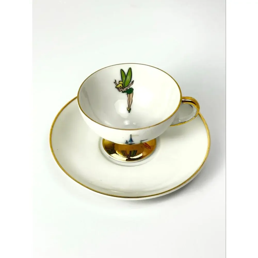 Vintage Disneyland Tinker Bell Teacup Saucer Gold Trim Footed Cup Disneyana Rare